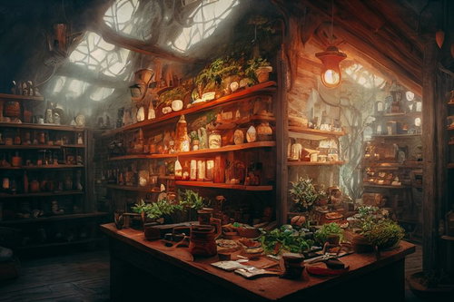 光差し込むハーバルショップ内の調合作業台