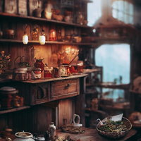 ハーバルショップの調合台と店内風景、レトロなランプとハーブ瓶の写真