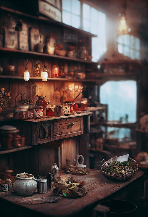 ハーバルショップの調合台と店内風景、レトロなランプとハーブ瓶