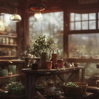 窓辺のハーバルショップに飾られた薬草と調合道具の写真