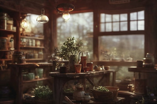 窓辺のハーバルショップに飾られた薬草と調合道具