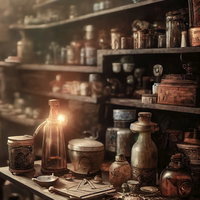 光が灯るハーバルショップの調合棚と調合台の写真