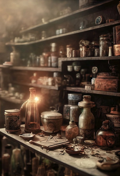光が灯るハーバルショップの調合棚と調合台