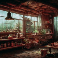 ハーバルショップの大きな窓から望む緑の庭園の写真