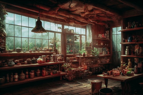 ハーバルショップの大きな窓から望む緑の庭園