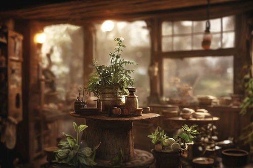 木製テーブルに並ぶハーバルショップの薬草と調合道具