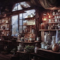 ハーバルショップの商品棚に並ぶ瓶と雑貨、観葉植物の写真