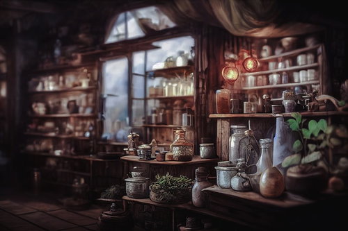 ハーバルショップの商品棚に並ぶ瓶と雑貨、観葉植物