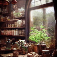 ハーバルショップの調合台前に広がる大きな窓の写真