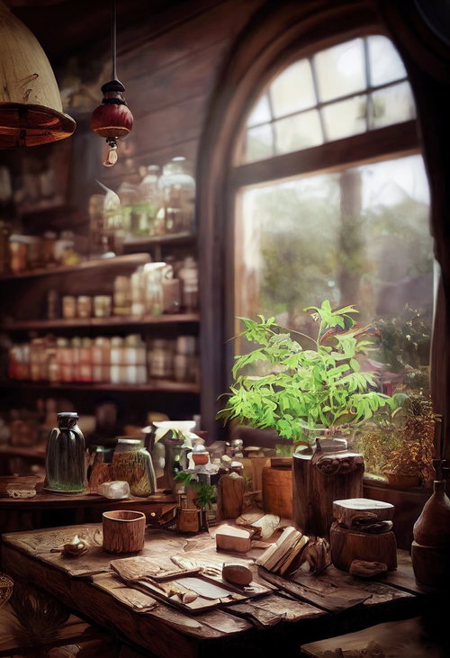 ハーバルショップの調合台前に広がる大きな窓