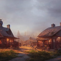 朝霧に包まれた煙突のある集落、木造ログハウスが立ち並ぶ農村風景の写真