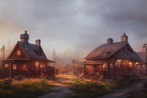 朝霧に包まれた煙突のある集落、木造ログハウスが立ち並ぶ農村風景