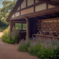 中世風の道具屋の店先に咲く花と休憩所の風景の写真