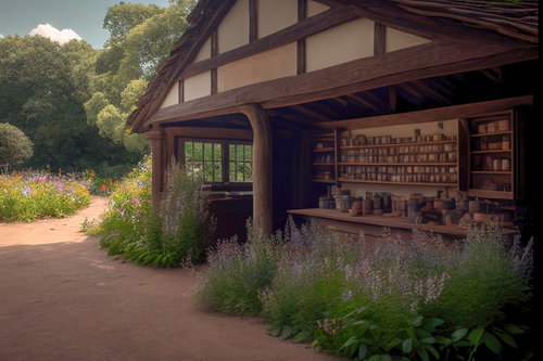 中世風の道具屋の店先に咲く花と休憩所の風景