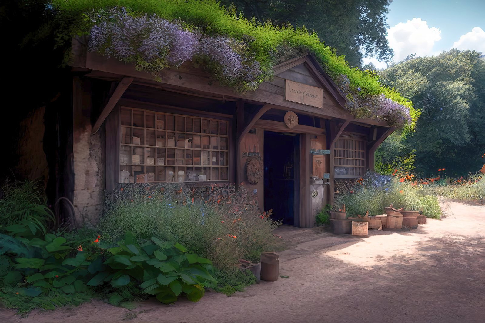 草屋根に藤の花が垂れる木造の雑貨屋と、店先に並ぶ樽や鉢植え