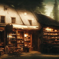 夜間にライトアップされた雑貨店の店先と森の風景の写真