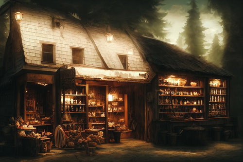夜間にライトアップされた雑貨店の店先と森の風景
