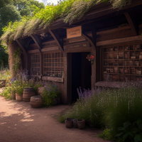 蔦に覆われた屋根と花が咲く雑貨屋の店先と園芸道具の写真