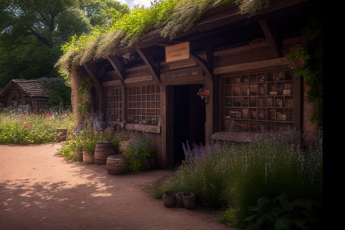 蔦に覆われた屋根と花が咲く雑貨屋の店先と園芸道具