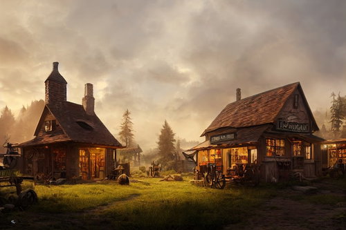 曇り空の下、煙突と灯りが映える道具屋が並ぶ村落