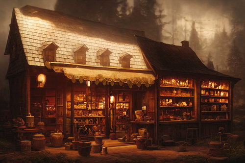 夜間にライトアップされた雑貨屋の店先と商品展示