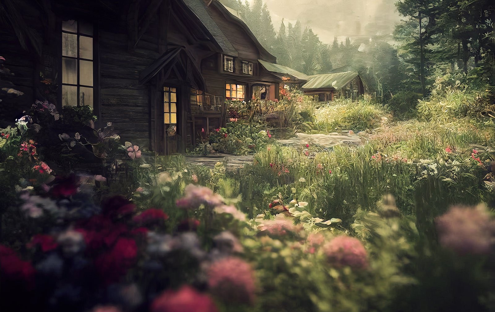 ピンク色の花が咲く庭と杉林のような背景の画像
