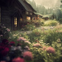 花々が咲く手入れされた軒先の庭園と木造家屋の写真