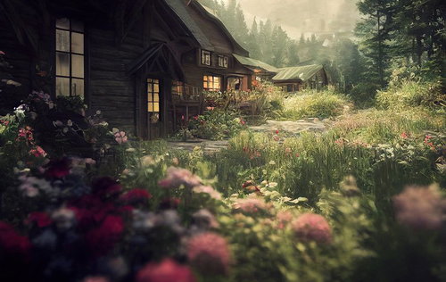 花々が咲く手入れされた軒先の庭園と木造家屋