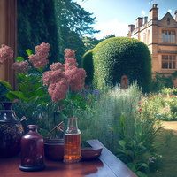 窓辺に並ぶ琥珀色の花瓶と手入れされた庭園の風景の写真