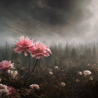 霧の森を背景に咲く暗がりの野花～ピンク色と白のダリア群生～の写真