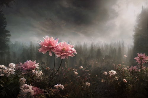 霧の森を背景に咲く暗がりの野花～ピンク色と白のダリア群生～