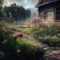 古い木造住宅の庭に咲く花々の小道と木製椅子の写真