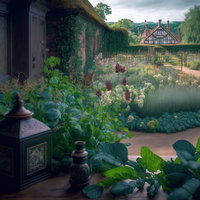 手入れされた庭園の小道を望む古民家の庭園風景の写真