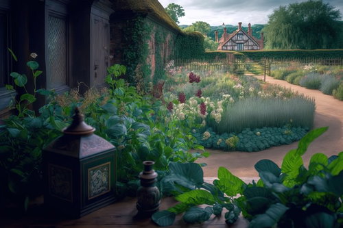 手入れされた庭園の小道を望む古民家の庭園風景