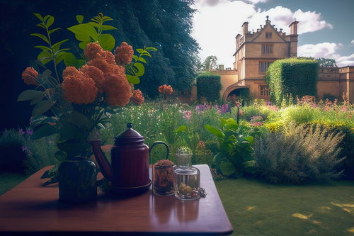 古城風の庭園でティータイムを楽しむ生花と花瓶