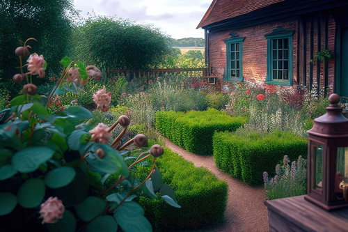 レンガ造りの館を背景にした整えられた庭園