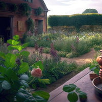 レンガ造りの家と庭園で楽しむガーデニングの休憩所の写真