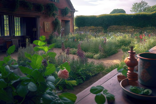 レンガ造りの家と庭園で楽しむガーデニングの休憩所