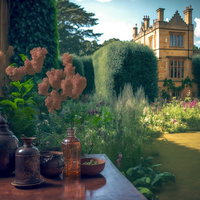 テーブルに載った花瓶と広がる洋館の庭園風景の写真
