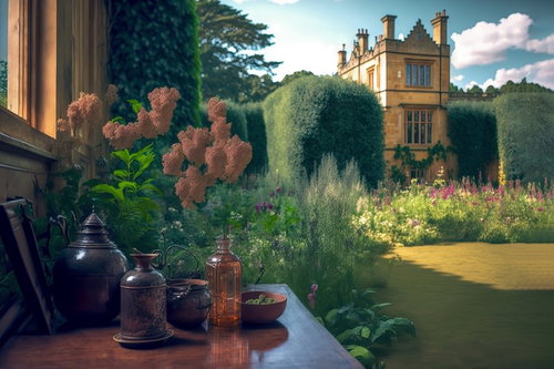 テーブルに載った花瓶と広がる洋館の庭園風景