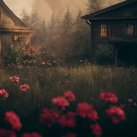 森に包まれた廃屋の生い茂る庭園と赤い花々の写真