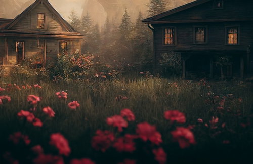 森に包まれた廃屋の生い茂る庭園と赤い花々