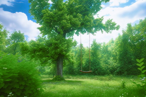 新緑の大樹の下で揺れるブランコ、公園の自然風景