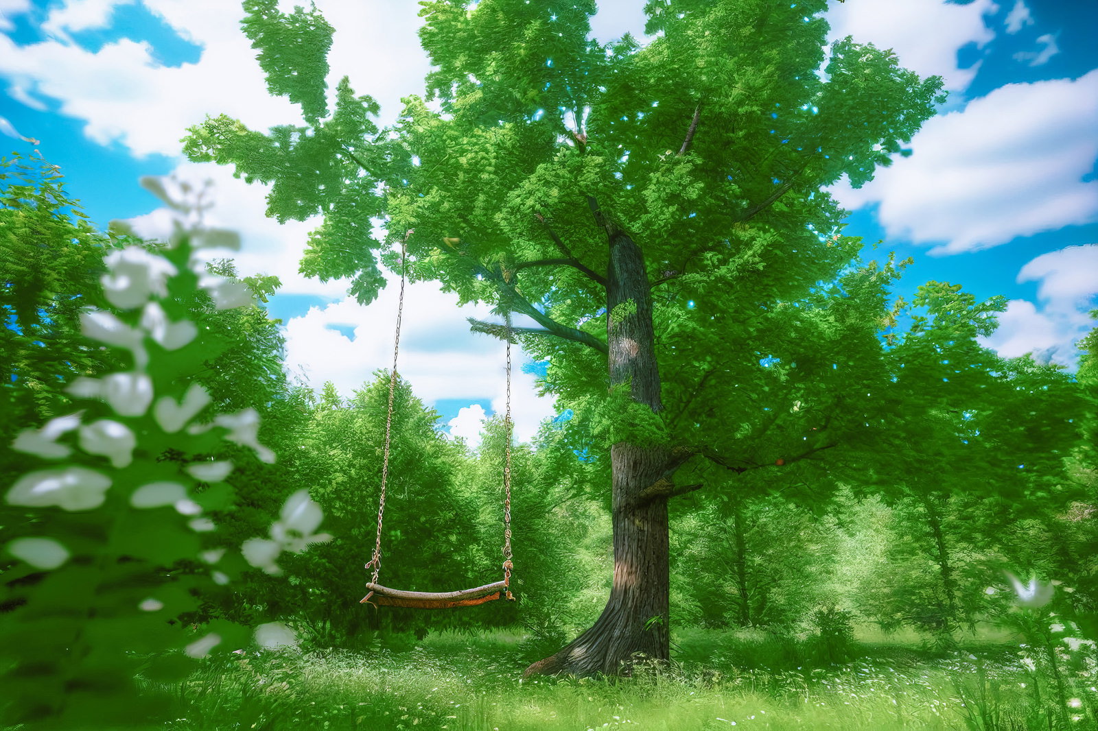 新緑に囲まれた公園でブランコが揺れる春の午後の風景