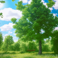 緑の大樹に吊るされたブランコのある公園の春の風景のAI画像
