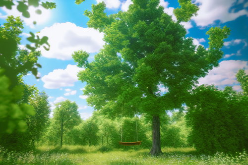 緑の大樹に吊るされたブランコのある公園の春の風景