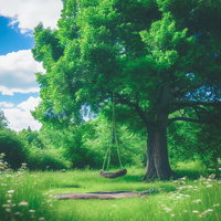 緑溢れる大樹の下のブランコ、新緑の公園で遊ぶ子どもたちの風景の写真
