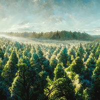 朝日が射す広大な樹冠と光芒、杉林の針葉樹林で輝く朝陽の景観の写真