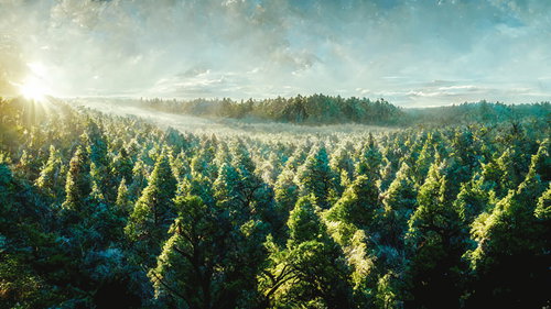 朝日が射す広大な樹冠と光芒、杉林の針葉樹林で輝く朝陽の景観