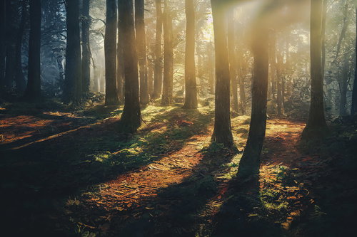 曙光に照らされた林間の木々と地面に伸びる影